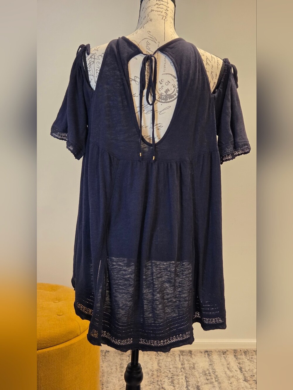 Free People Navy Blue  Cold-Shoulder Embroidered Top, Size S. - Picture 5 of 16